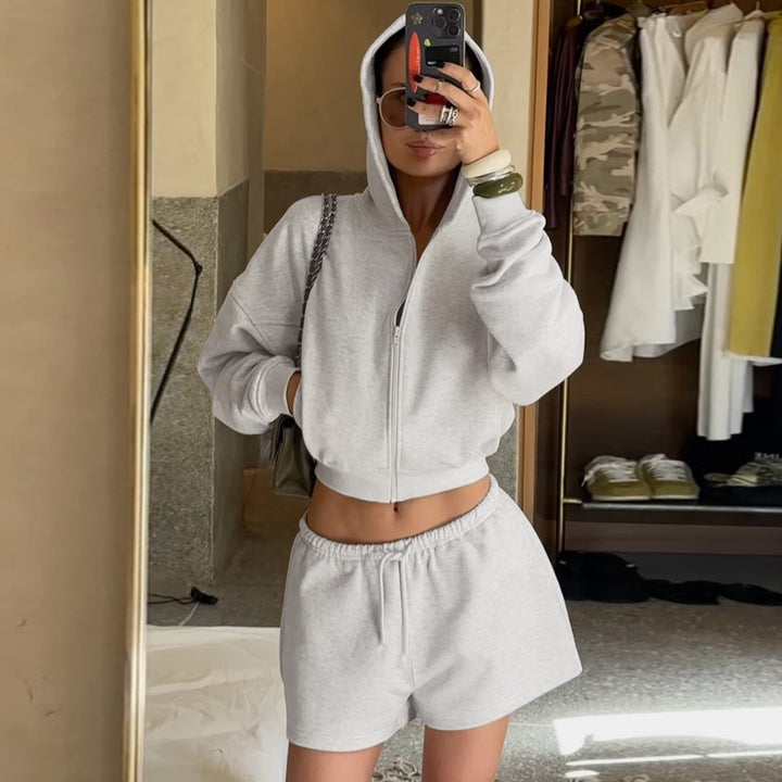 Damen nan kurzes Kapuzen-Hoodie und Drawstring-Shorts Lounge-Set mit durchgehendem Reißverschluss und taillenhohem Bindebund Drune