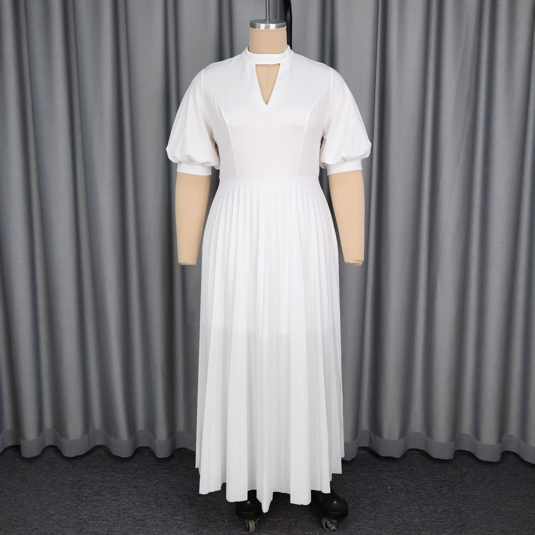 Damen elegantes Maxikleid mit plissiertem Rock und modischem Schlüssel-Ausschnitt Drune