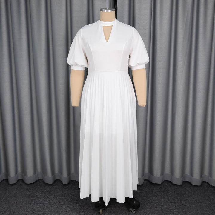 Damen elegantes Maxikleid mit plissiertem Rock und modischem Schlüssel-Ausschnitt Drune