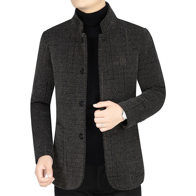 Herren Sakko-Jacke im Blazer-Look mit Stehkragen und Fischgrätstruktur Drune