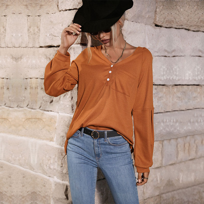 Damen Lässiges Langarmshirt mit Knopfleiste Drune