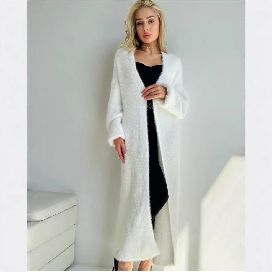 Damen Langer Flauschiger Cardigan mit offenem Schnitt und überschnittenen Ärmeln Drune
