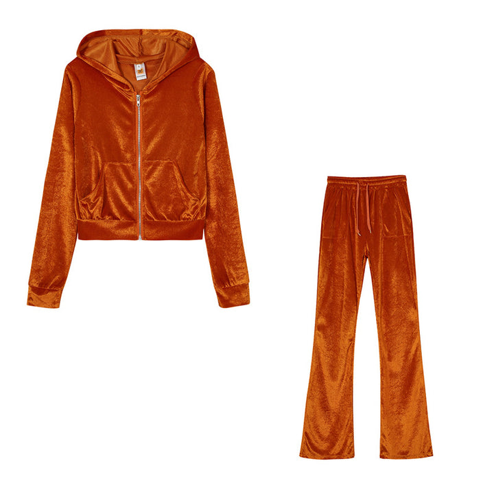 Damen Sportliches Set aus samtiger Kapuzenjacke und weiten Jogginghosen Drune