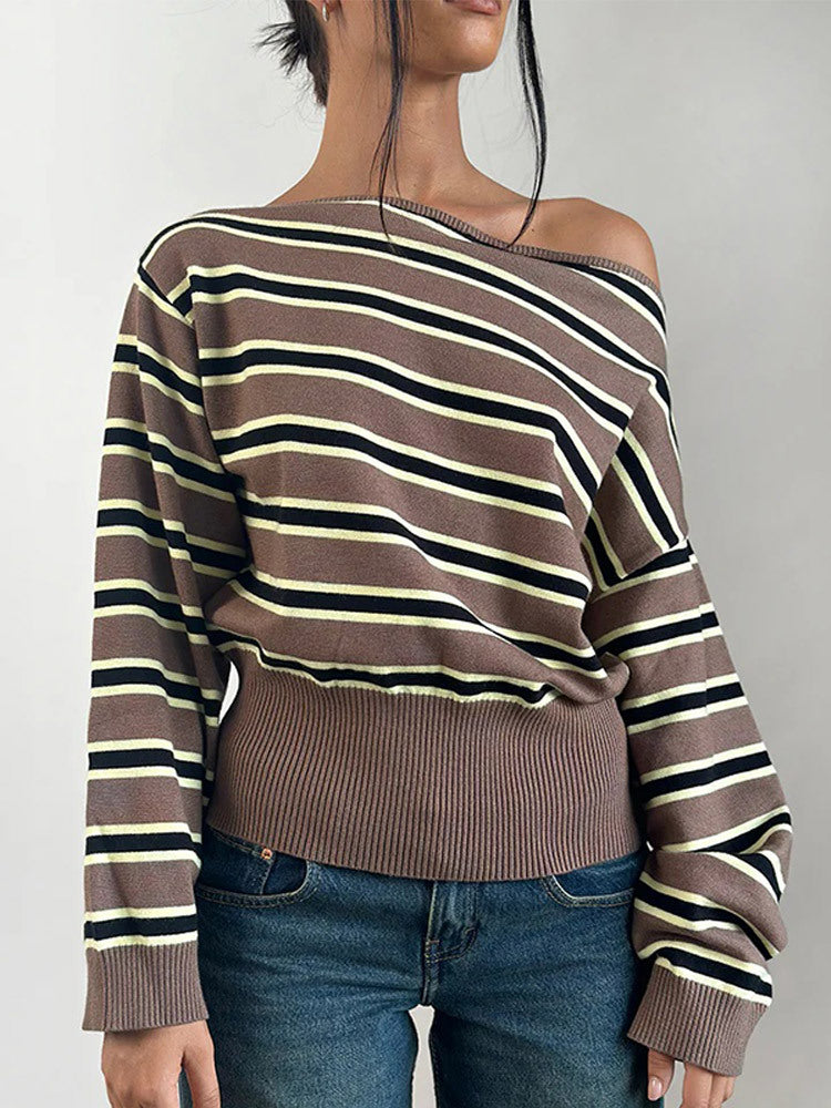 Damen Feinstrick-Boatneck-Pullover mit asymmetrischem Schulterfall, breitem Rippbund und lässigen Ballonärmeln Drune