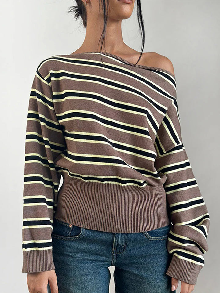 Damen Feinstrick-Boatneck-Pullover mit asymmetrischem Schulterfall, breitem Rippbund und lässigen Ballonärmeln Drune