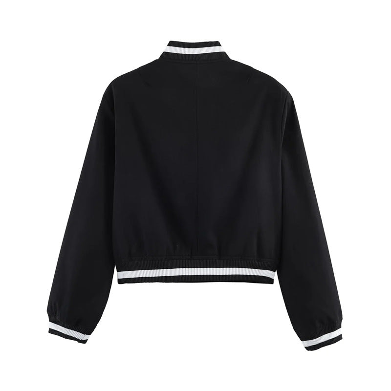 Damen nan kurzgeschnittene Bomberjacke im Varsity-Stil mit Rippbündchen und Druckknopfverschluss Drune