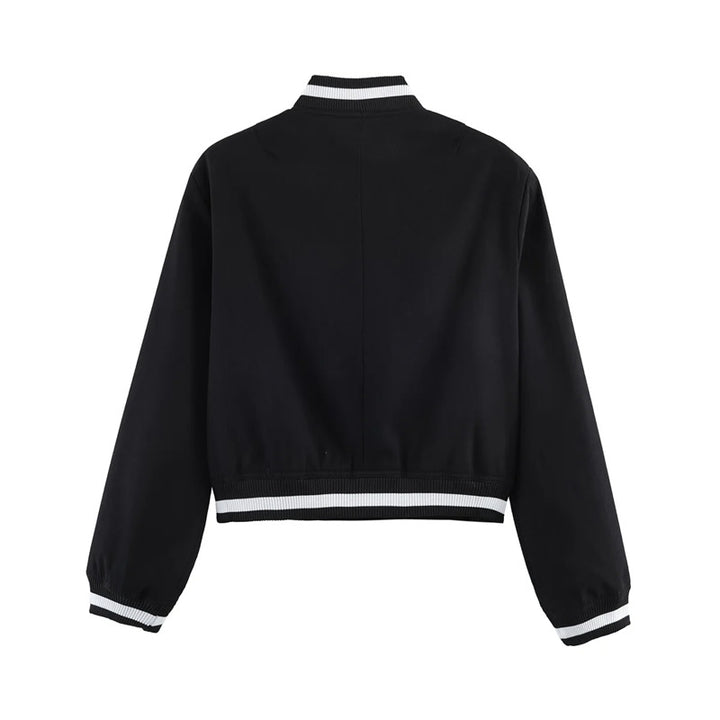 Damen nan kurzgeschnittene Bomberjacke im Varsity-Stil mit Rippbündchen und Druckknopfverschluss Drune