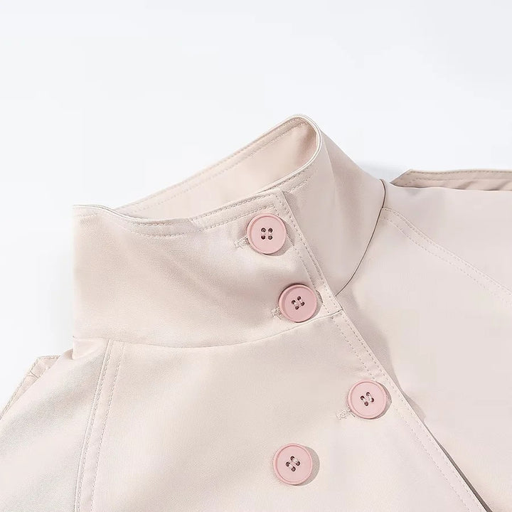 Damen Kurzjacke im Trench‑Stil mit Stehkragen Doppelreihe und Bindegürtel Drune