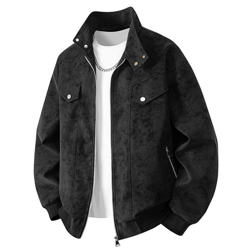 Herren Velours-Imitat Übergangsjacke im Bomberstil mit Stehkragen, Druckknopfleiste & elastischen Bündchen Drune