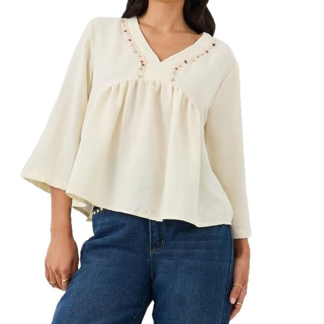 Damen Lockeres V‑Ausschnitt Blusentop mit Stickdetail und Empire‑Raffung Drune