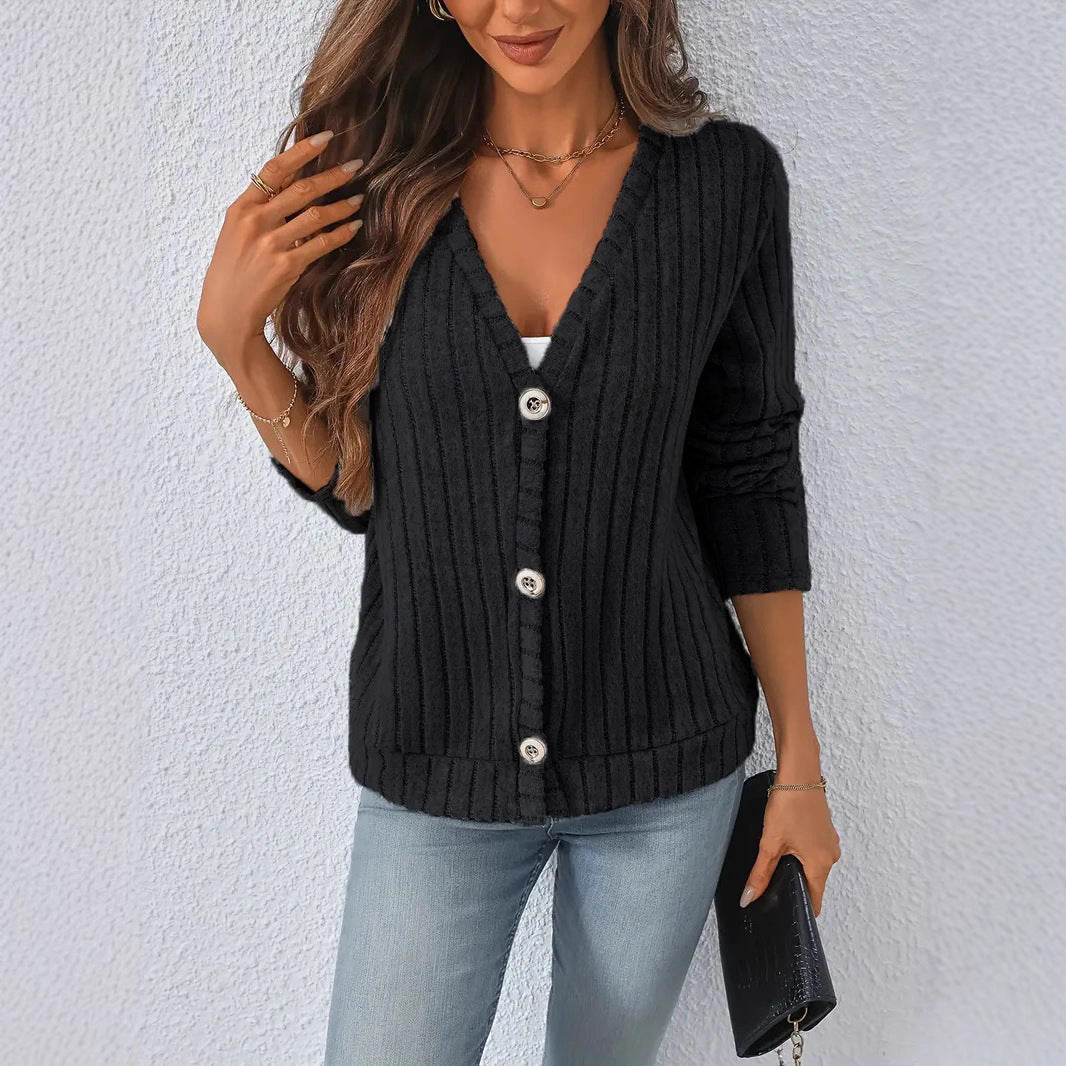 Damen nan gerippter V-Ausschnitt Strickcardigan mit dekorativen Knöpfen, leicht überschnittener Schulter und kastigem Saum Drune