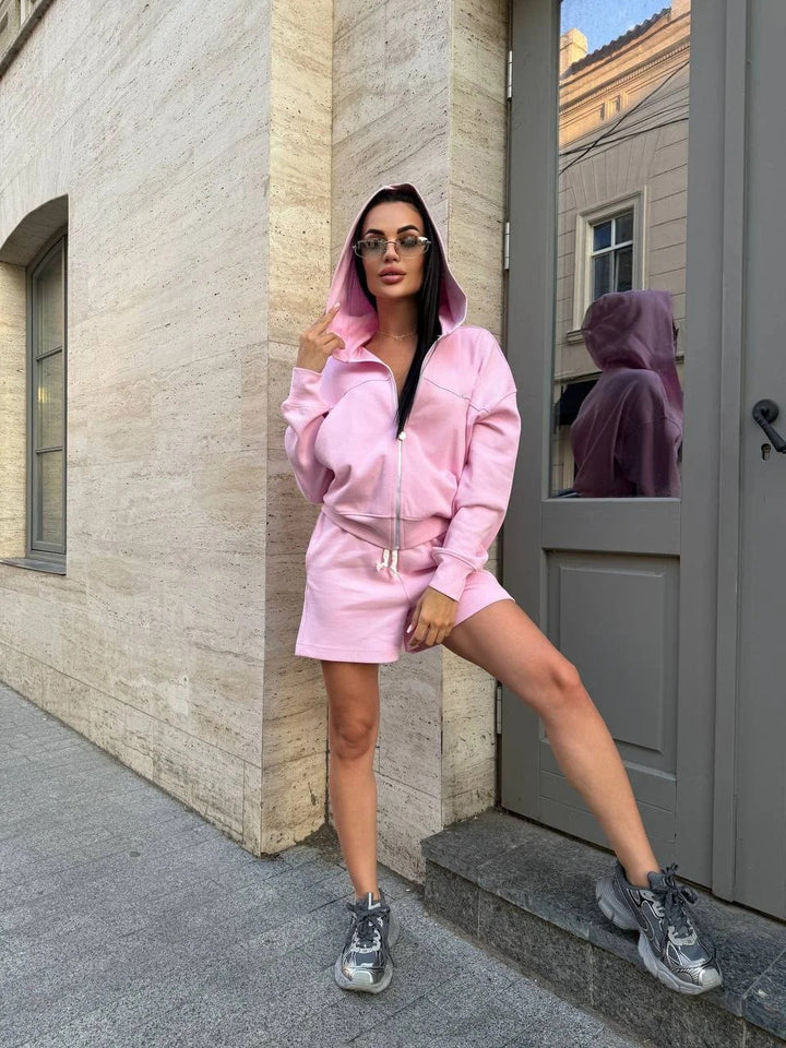 Damen Freizeit-Jogginganzug mit Zip-Hoodie und lockeren Shorts Drune