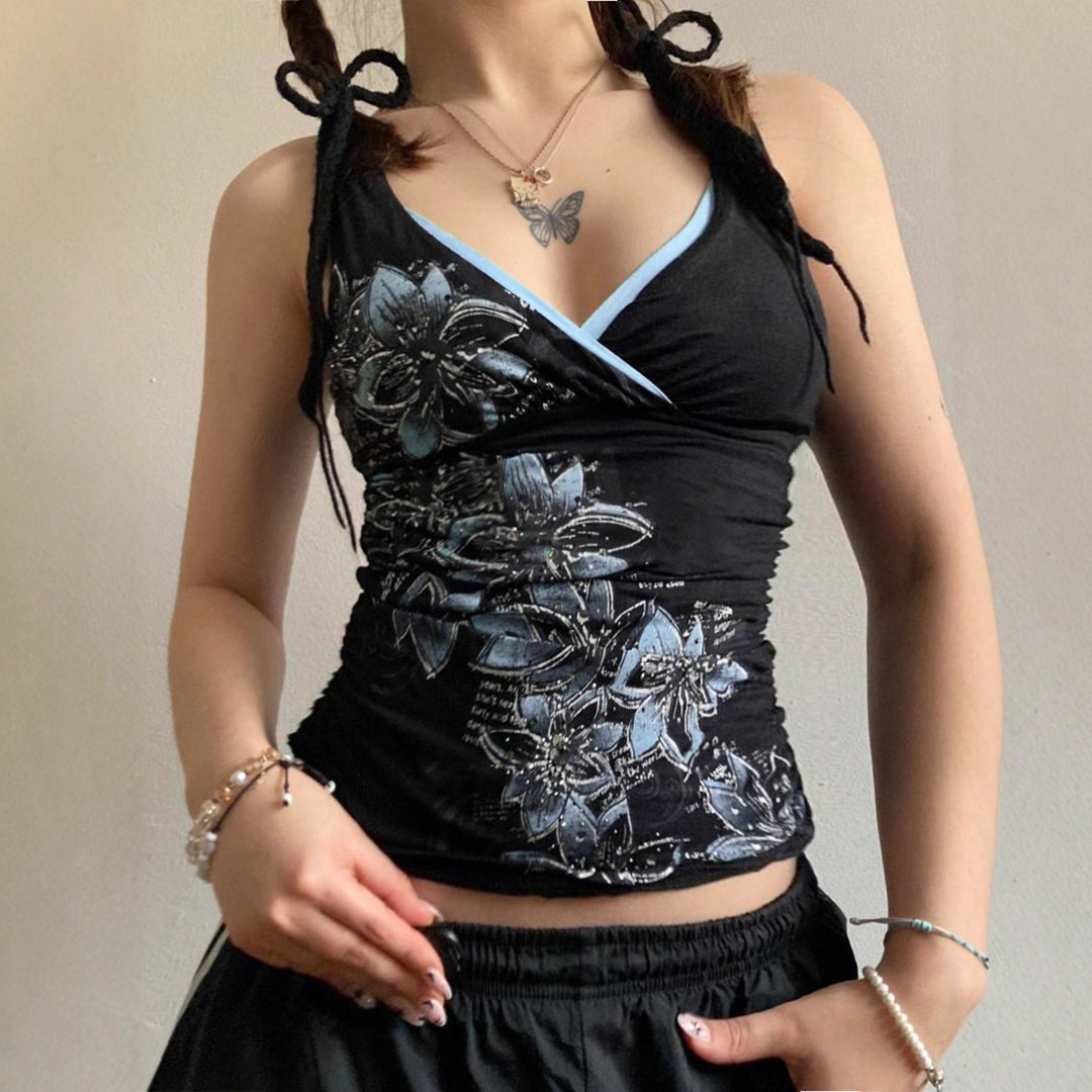 Damen Spaghetti-Trägertop mit floralem Druck und elegantem V-Ausschnitt Drune