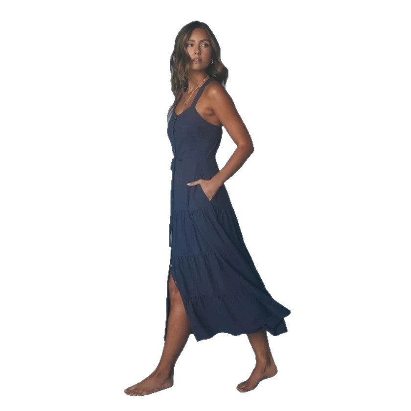 Damen Maxikleid mit nostalgischem Knopfverschluss und verstellbaren Trägern Drune