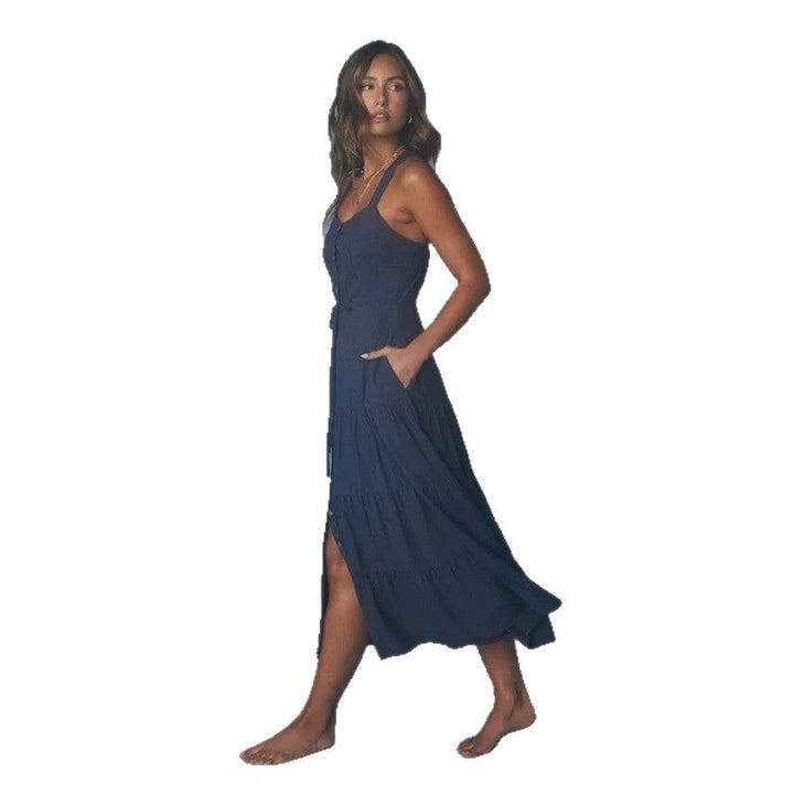 Damen Maxikleid mit nostalgischem Knopfverschluss und verstellbaren Trägern Drune