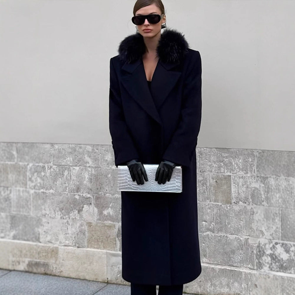Damen langer Wollmix-Mantel mit großzügigem Kunstpelz‑Schalkragen und Oversize‑Schnitt Drune