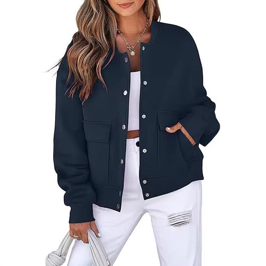 Damen Oversized Bomberjacke aus French Terry mit Druckknopf und aufgesetzten Taschen Drune