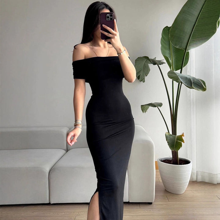 Damen Off-Shoulder Maxikleid mit raffinierten Rüschendetails Drune
