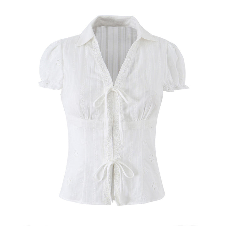 Damen Broderie-Anglaise Bluse mit Puffärmeln, Taillenbetonung und vorderer Bindung Drune