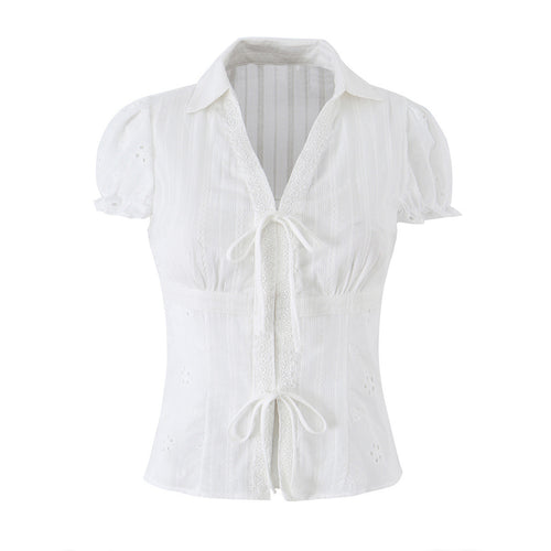 Damen Broderie-Anglaise Bluse mit Puffärmeln, Taillenbetonung und vorderer Bindung Drune