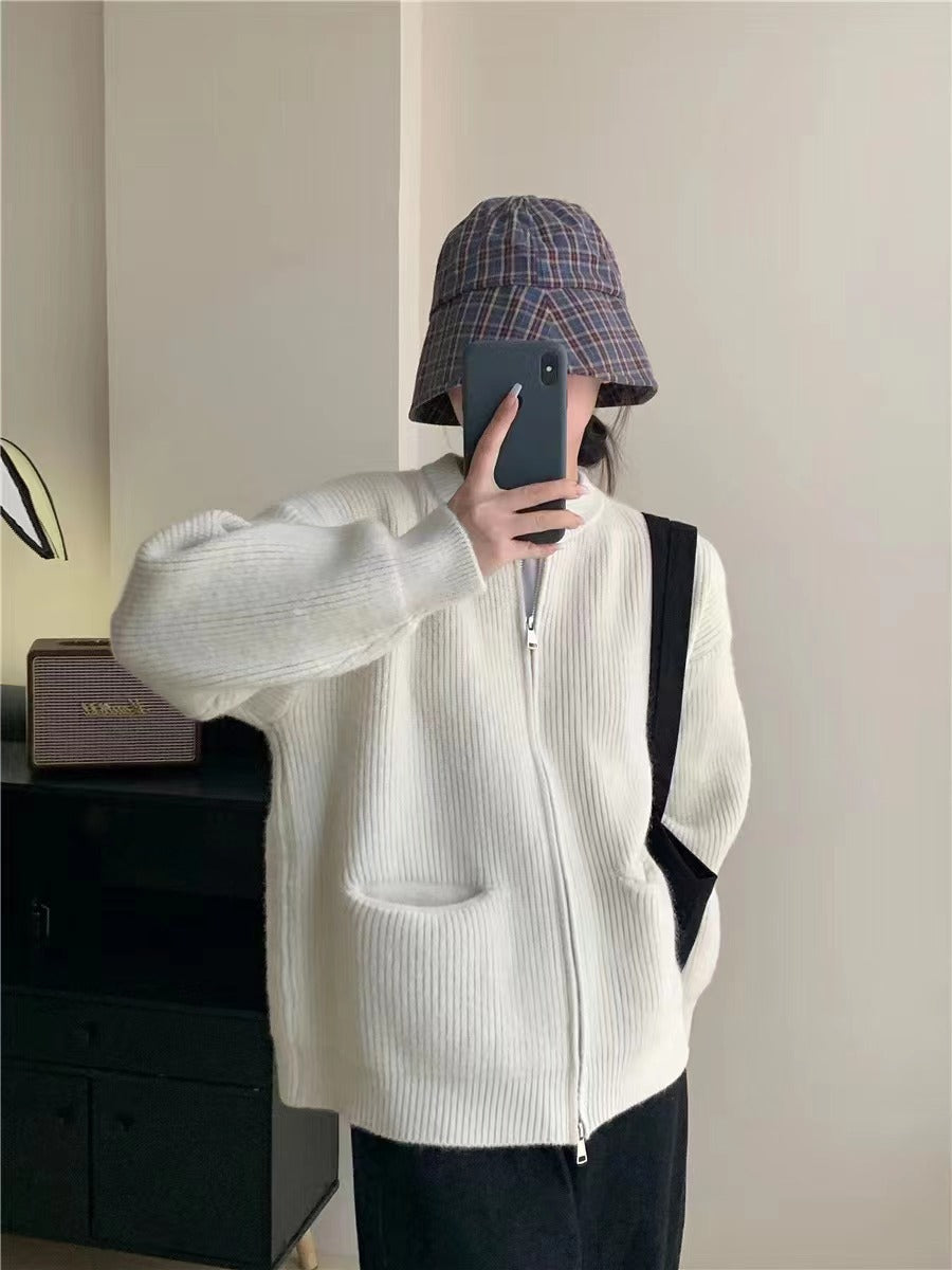 Damen lässige Strickjacke mit Reißverschluss und großen Taschen Drune