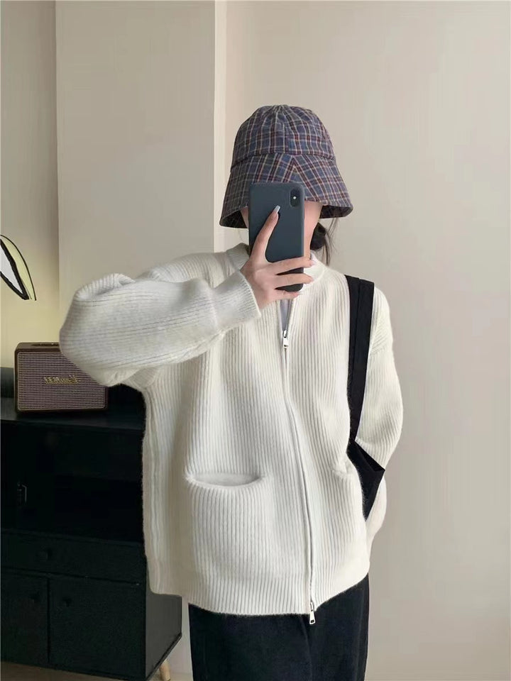 Damen lässige Strickjacke mit Reißverschluss und großen Taschen Drune