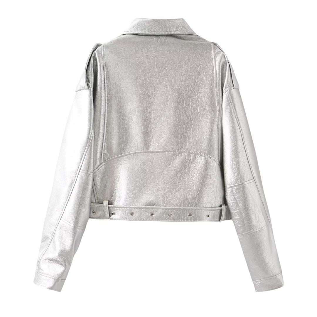 Damen nan kurzer Bikerjacke aus veganem Lederimitat mit asymmetrischem Reißverschluss, Taillengürtel und Schulterklappen Drune