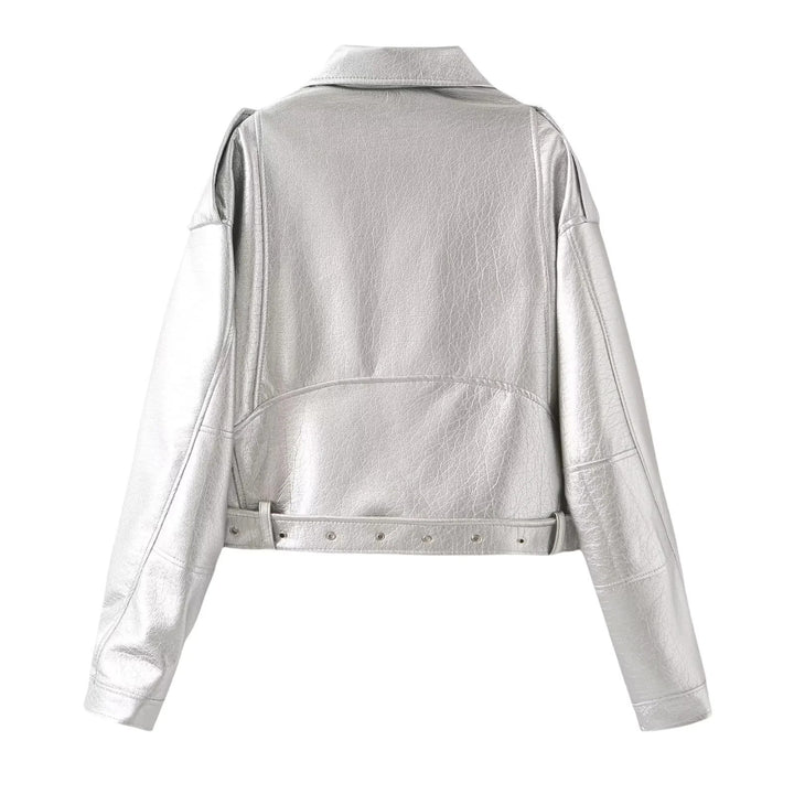 Damen nan kurzer Bikerjacke aus veganem Lederimitat mit asymmetrischem Reißverschluss, Taillengürtel und Schulterklappen Drune