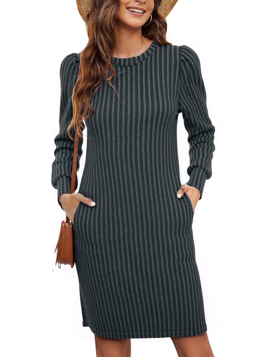 Damen nan gestricktes A-Linien Strickkleid mit Puffärmeln Drune