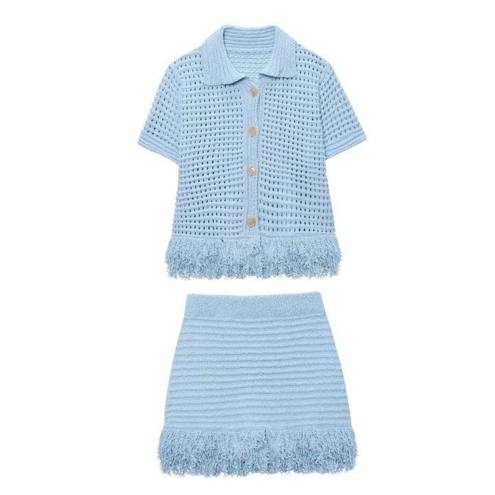 Damen Kurzarm-Strickjacke mit fransigem Saum und dekorativen Knöpfen Drune