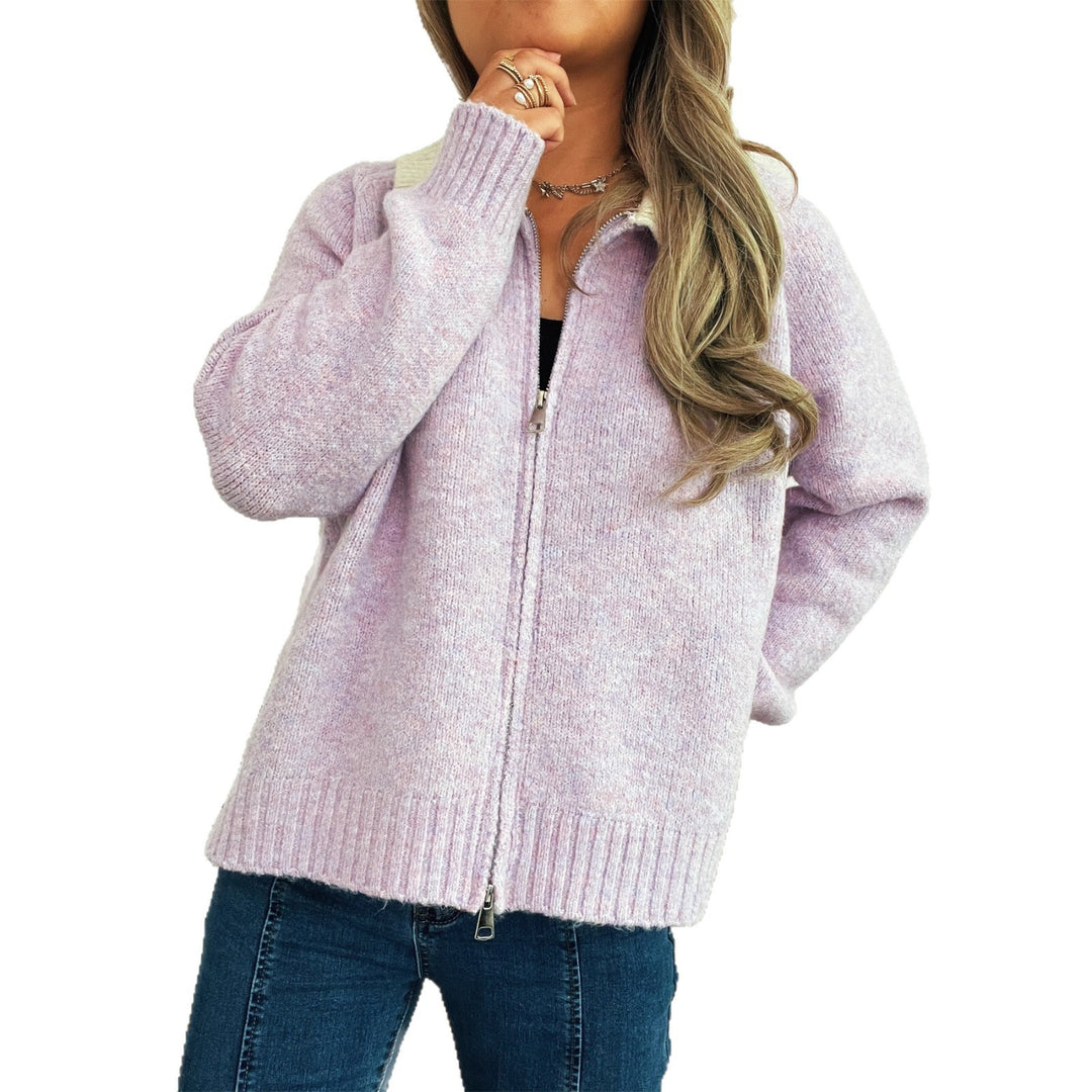 Damen lässige Strickjacke mit kontrastierendem Kragen und durchgehendem Reißverschluss Drune