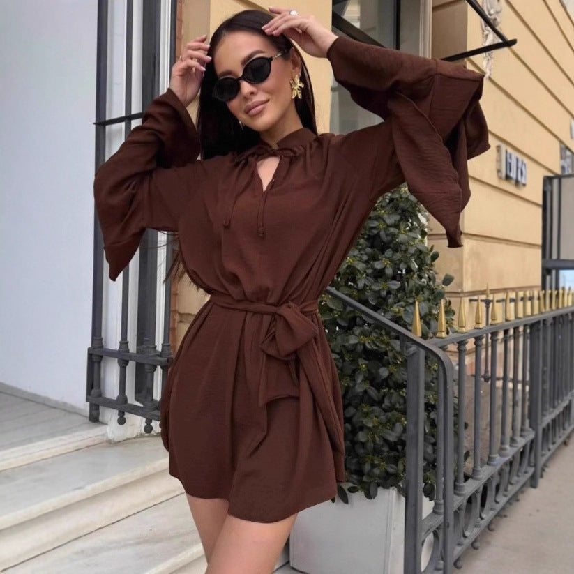Damen lässiges Kleid mit voluminösen Ärmeln und Taillengürtel Drune