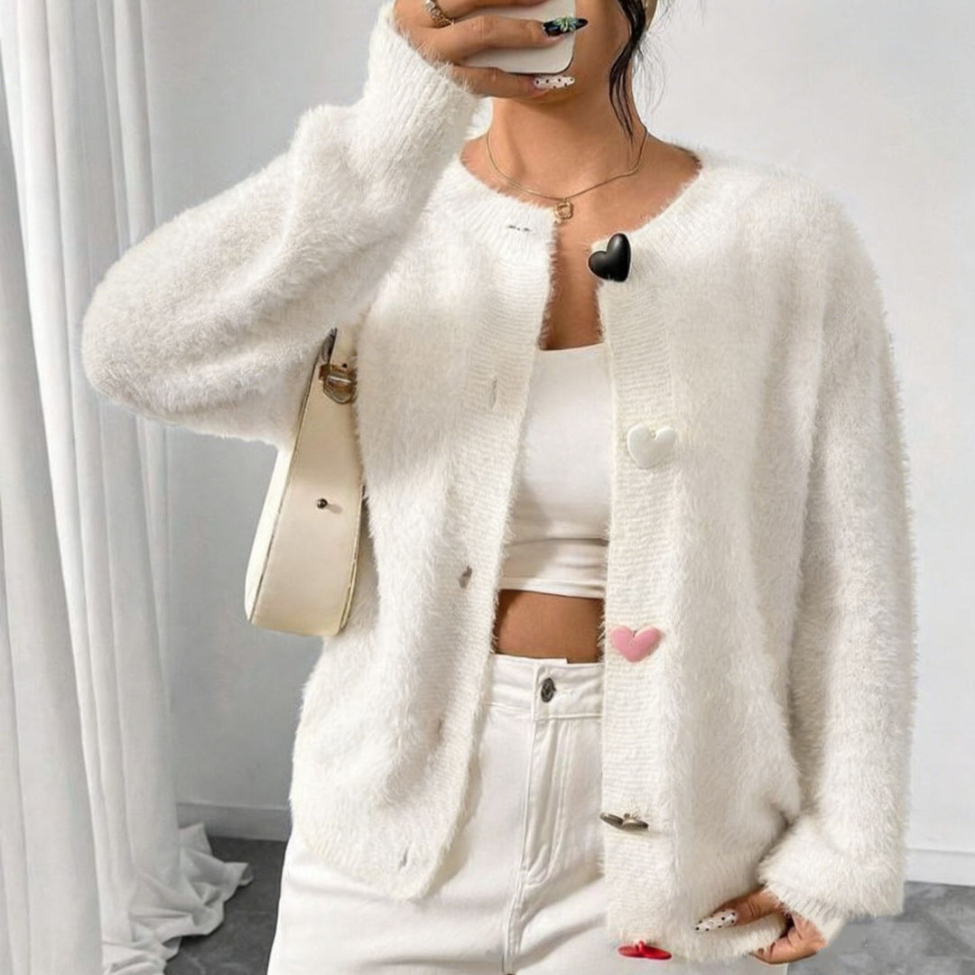 Damen Kuscheliger Flausch-Cardigan mit bunten Herzknöpfen und kastiger Silhouette Drune