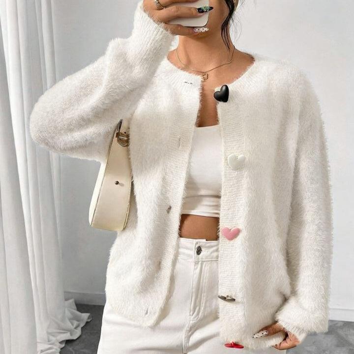 Damen Kuscheliger Flausch-Cardigan mit bunten Herzknöpfen und kastiger Silhouette Drune