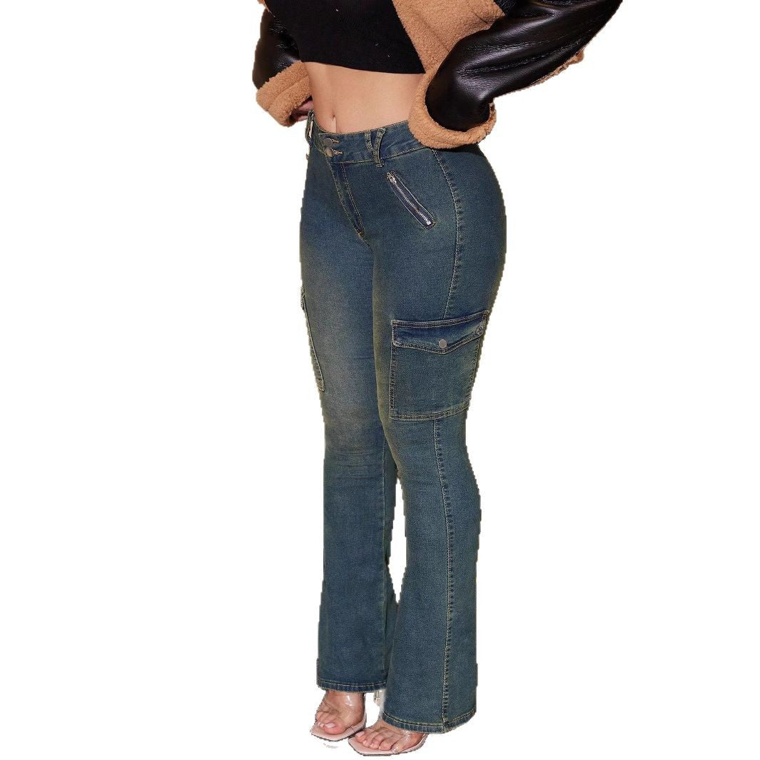Damen Cargo-Flared-Jeans mit mittelhohem Bund, Ziernähten und Pattentaschen Drune