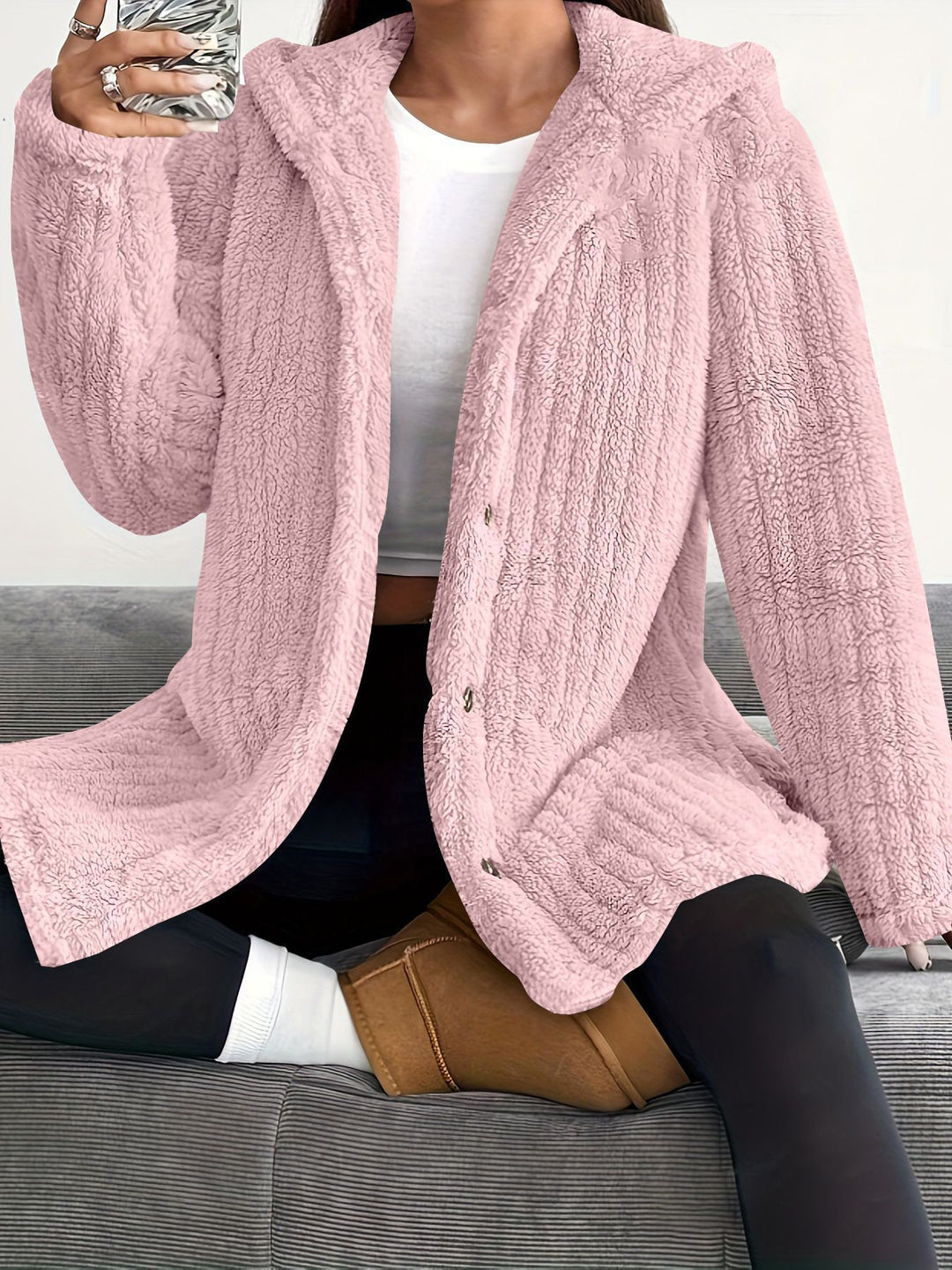 Damen Kuschelige Kapuzenjacke mit Knopfdetails Drune