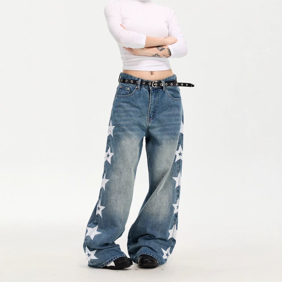 Damen Modische Weitgeschnittene Jeans mit Sternen-Design Drune