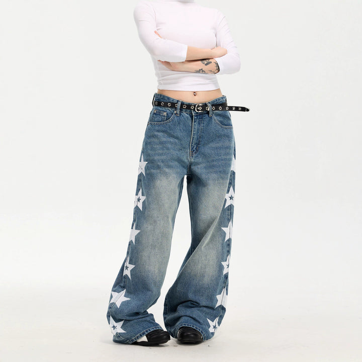 Damen Modische Weitgeschnittene Jeans mit Sternen-Design Drune