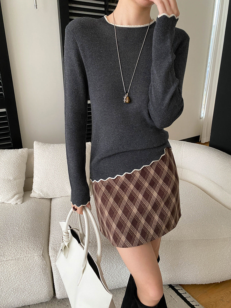 Damen eleganter Pullover mit wellenförmigem Saum und feiner Rippstruktur Drune