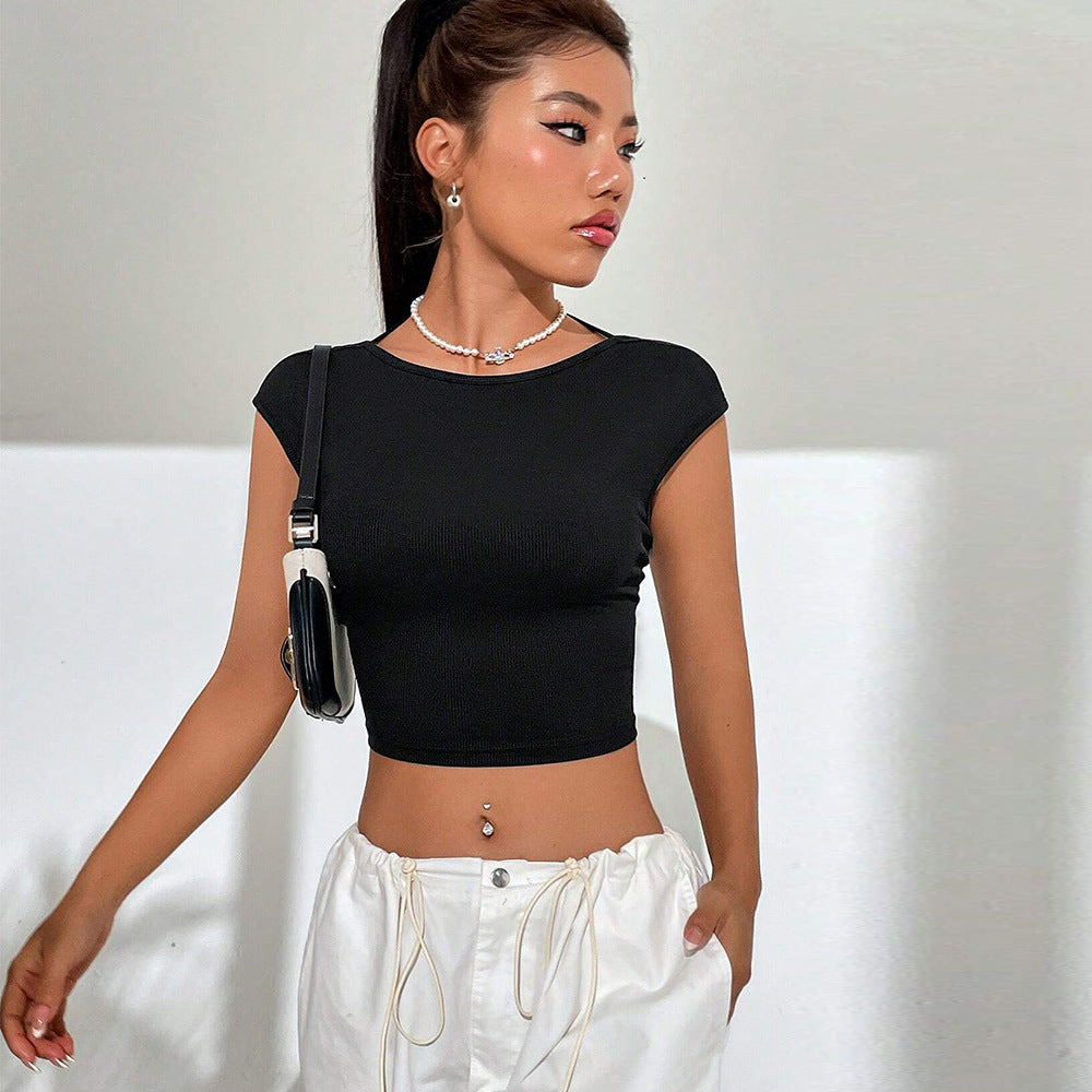 Damen Cropped T-Shirt mit harmonischem Rippdesign und modischem Rundhalsausschnitt Drune