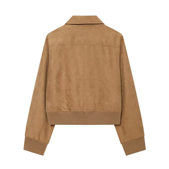 Damen Kurzer Veloursleder‑Blouson im Boxy‑Schnitt mit Hemdkragen, Klappentaschen und breitem Rippbund Drune