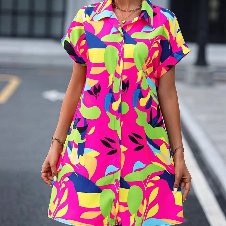 Damen Lockeres Hemdblusenkleid mit Knopfleiste, Reverskragen und floralem Print Drune