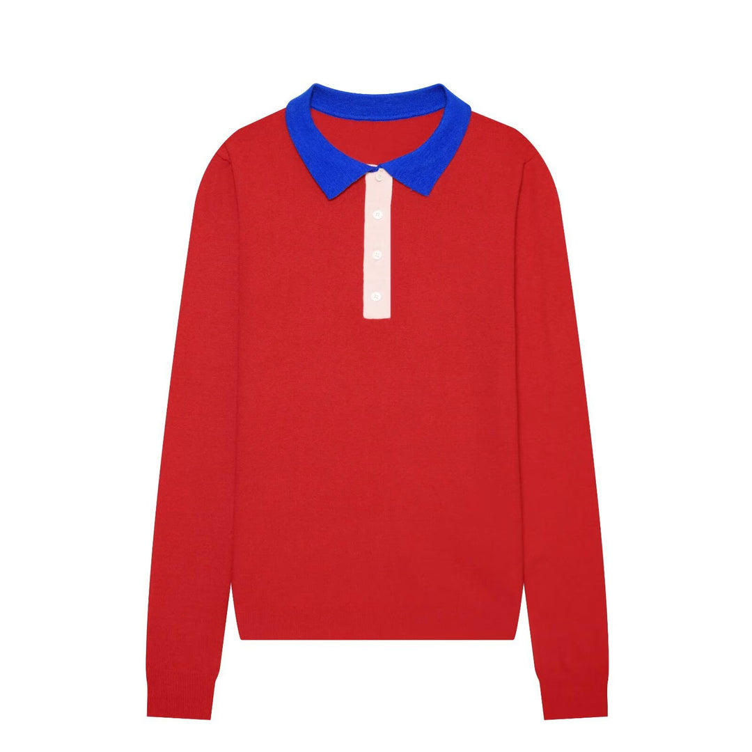 Damen Feinstrick-Poloshirt mit Kontrastkragen und verdeckter Knopfleiste Drune