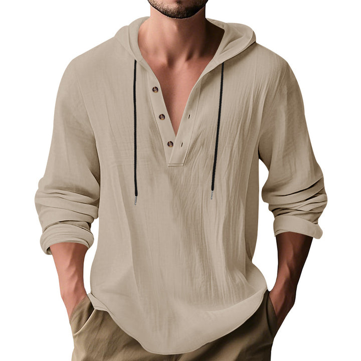 Herren nan lässiges Leinenhemd mit Kapuze und Henley-Knopfleiste Drune