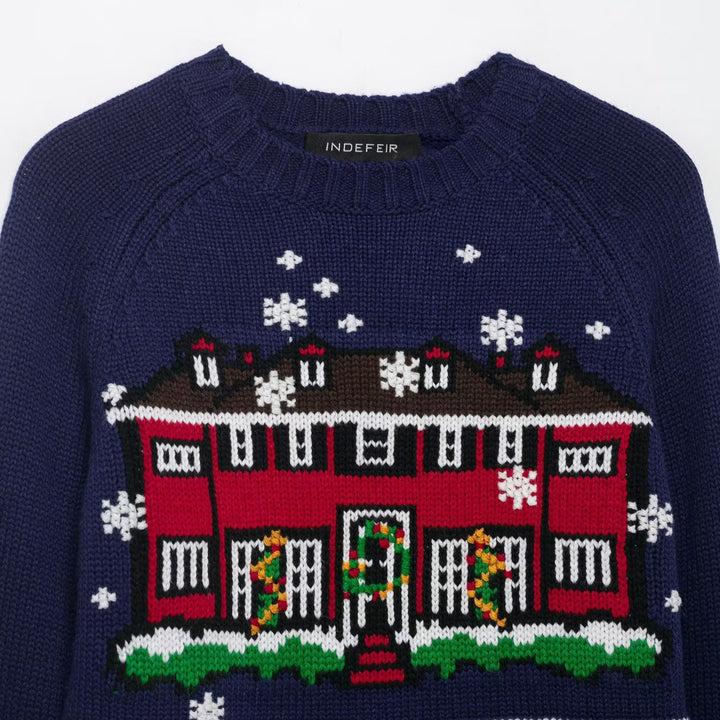 Damen Cropped-Weihnachtspullover mit Intarsia-Hausmotiv und Rundhalsausschnitt Drune