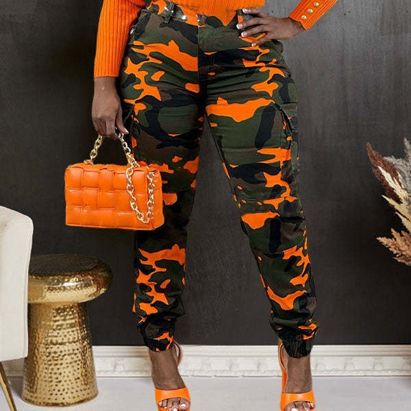 Damen Cargo-Hose mit Camouflage-Muster und hohem Bund Drune