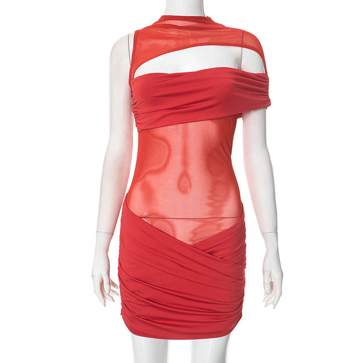 Damen figurbetontes Mesh-Kleid mit asymmetrischem Schnitt und Raffung Drune
