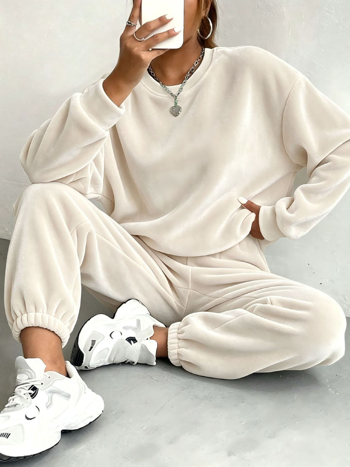 Damen Oversize Samt-Jogginganzug mit Rundhalsausschnitt und elastischen Bündchen Drune