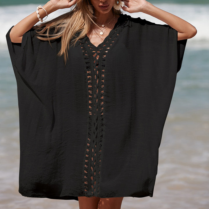 Damen eleganter Strandponcho mit raffinierten Häkelakzenten und tiefem V-Ausschnitt Drune