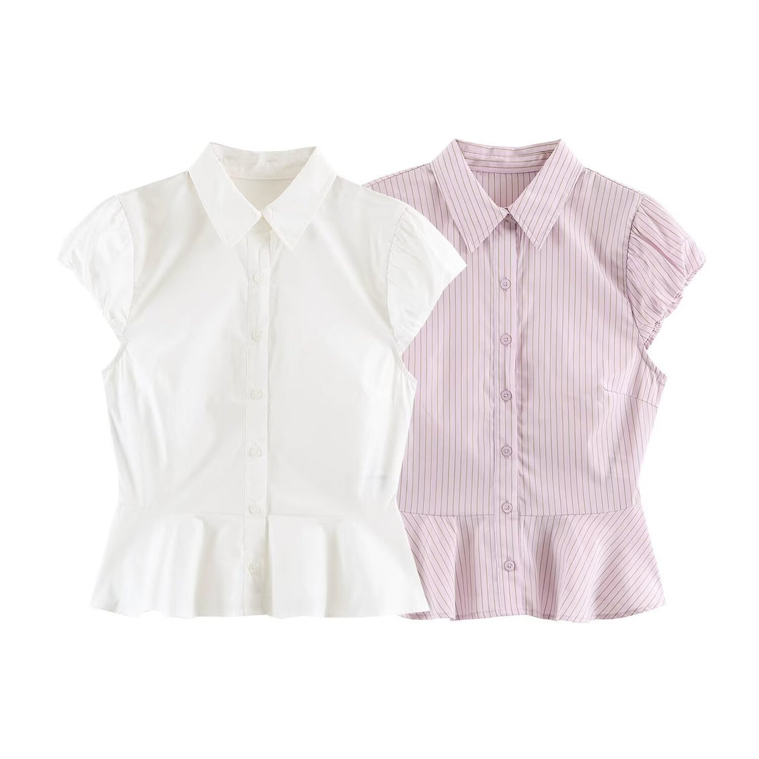 Damen Taillierte Kurzarm-Bluse mit Schößchen, Hemdkragen und feinem Nadelstreifen Drune
